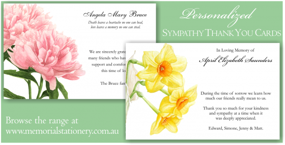 Memorial & Funeral Stationery Australia - Funeral Sympathy Thank You Cards personalized & printed in Australia