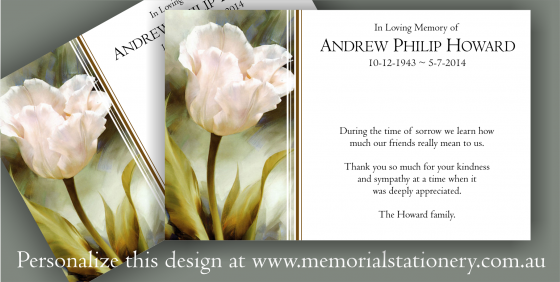 Memorial & Funeral Stationery Australia - White Tulip Funeral Sympathy Thank You Card